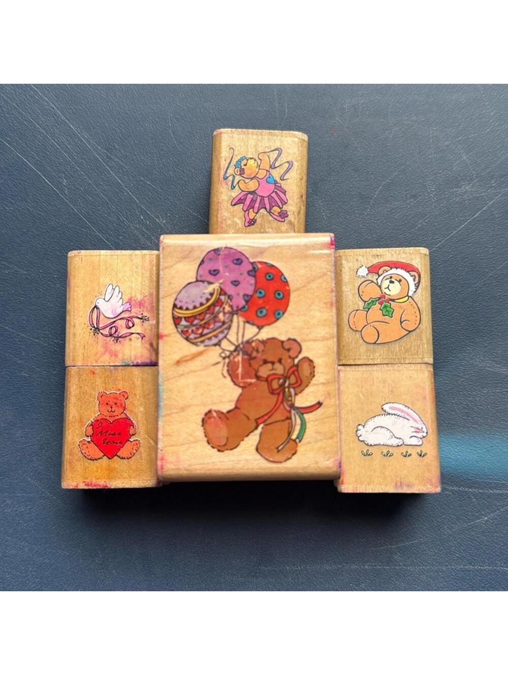 Set of 6 Vintage Rubber Stamps with Cute Animal and Balloon Designs